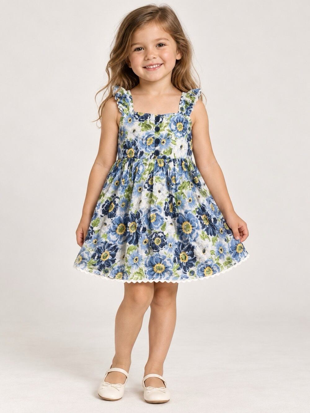 Max Studio Kids Girls Blue Floral Sundress 4T Cross Back Button Front